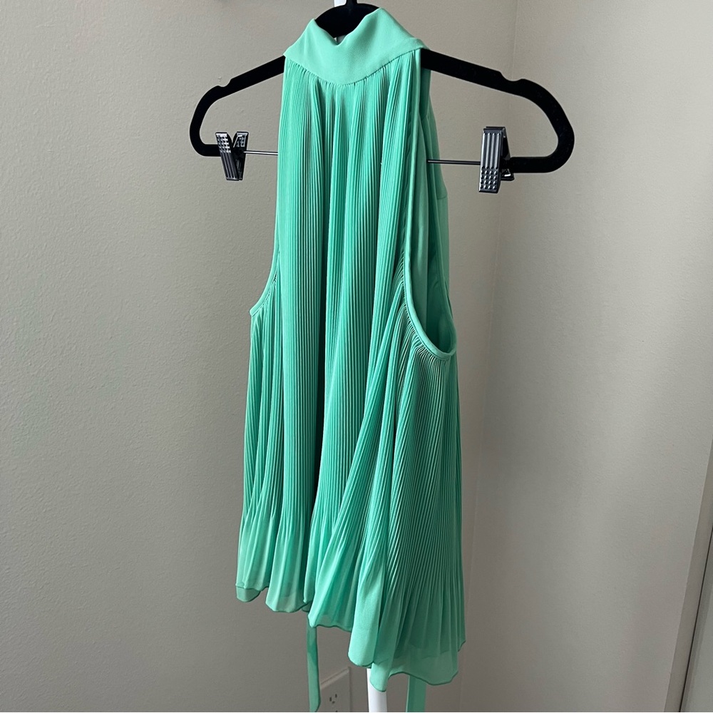 🔖Veronica Beard Alexa Bow Plissé Halter Top Green Mint Pleated Sleeveless